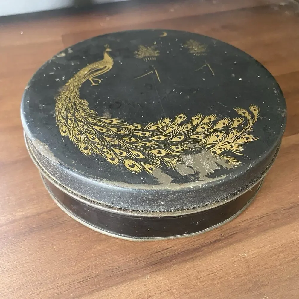 Vintage 1920-30s Round Tindeco Metal Tin Gold Peacock on Black 6” - Picture 2 of 14